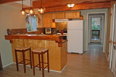 Remodeled kitchen -- dropped ceiling was removed and new light fixtures installed.