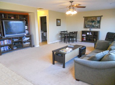 Large family room with recessed entertainment area. 18894 Chatfield Dr., Riverside