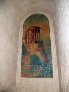 Magnified view of the custom painted mural in the coved ceiling of the stairway. 3105 Pine St., Riverside