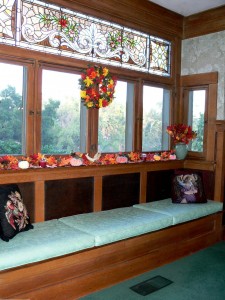 Antique leaded-glass window above the window seat in dining room was removed from the original owner's 1891 residence from downtown Riverside (at Orange and 5th). So that means the glass is actually 122 yrs old, as opposed to the 100 yr age of the house!