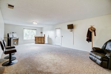 Huge downstairs bonus room with doorway leading to back patio with spa, and view of expansive backyard.
