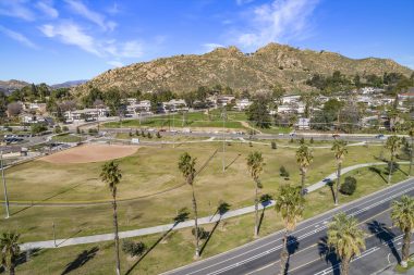View of Bonaminio Park ball fields and walking track, as well as glorious Mt. Rubidoux.