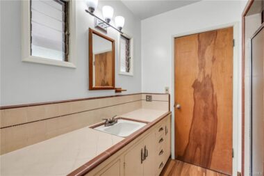 Primary bathroom with shower and lots of counter space.