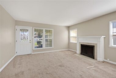 Living room with wood-burning and gas fireplace, brand new carpet, and brand new paint!