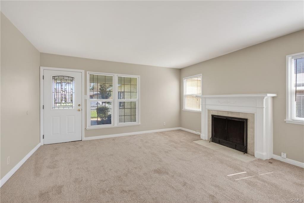 Living room with wood-burning and gas fireplace, brand new carpet, and brand new paint!